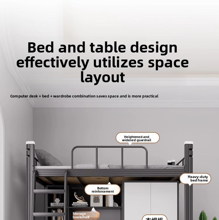 Upper Bed Lower Table Combined Bed College Dormitory Elevated Bed Small Apartment Household Wrought Iron Bed Apartment Bed