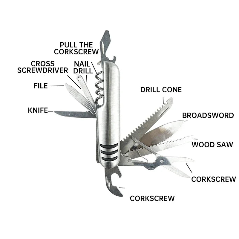 Utility Knife, 11-in-1 Pocket Knife with Screwdriver, Stainless Steel Bottle Opener, Wood Saw Scissors, Outdoor Emergency Tool