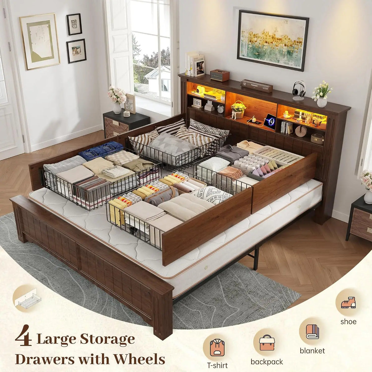 Queen Bed Frame with 4 Storage Drawers and Headboard Shelf,Brown | LED Lights,Built in Charging Station,Noise-Free,No Box Spring