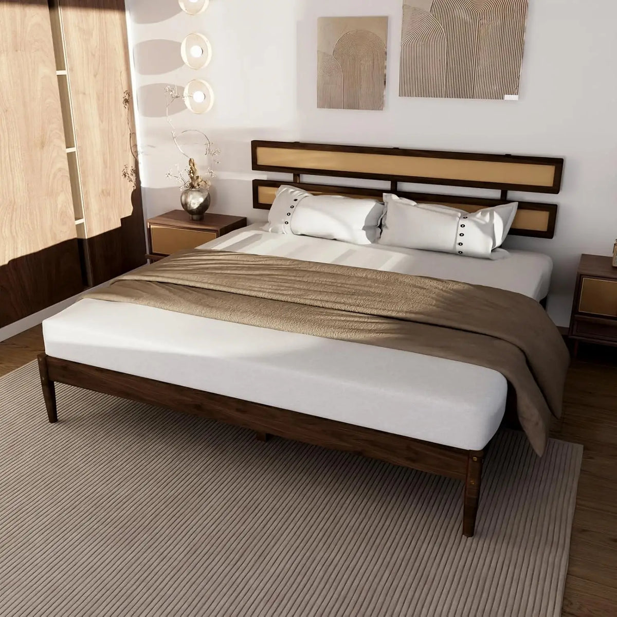 Solid Wood Bed Frame With Headboard, Platform Panel, Brown, Customized