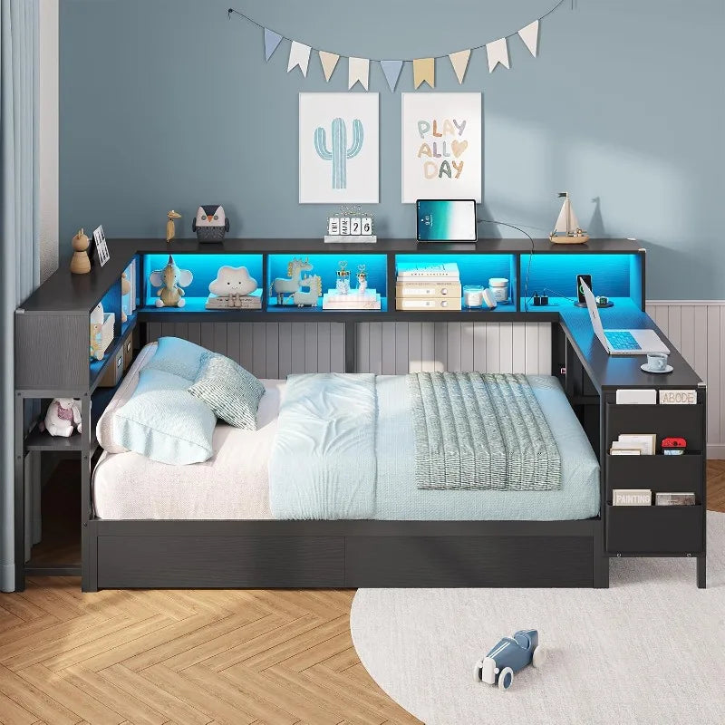 DICTAC Corner Twin Bed Frame with Desk,Charging Station and Bookcase Storage Daybed for Kids/Teen with Storage Drawers