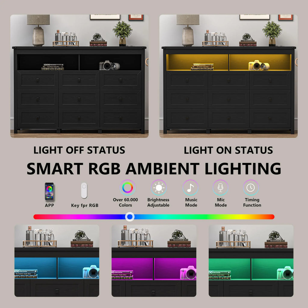 Dresser for Bedroom with 9 Drawers, LED Lights, Power Outlet, Black