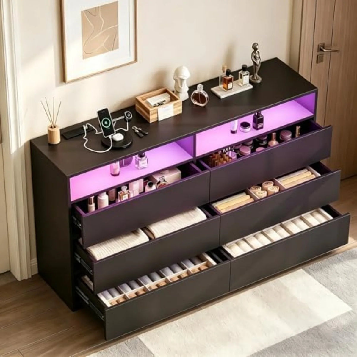 Black Dresser 6 Drawer Dresser for Bedroom with LED Lights, Power Outlet, Modern Wood Chest of Drawers for Closet