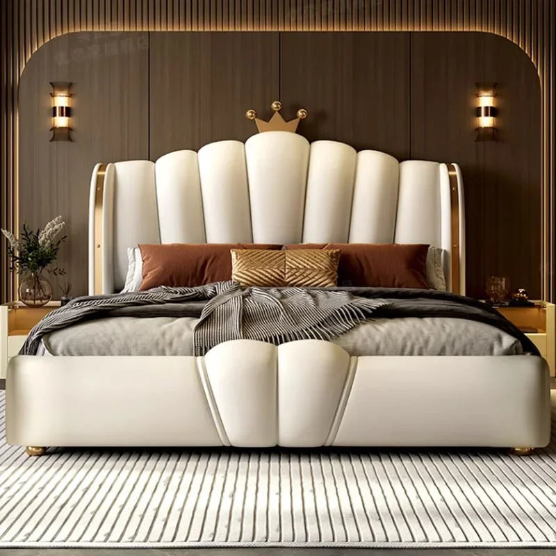 Modular Designer Aesthetic Bed Frame King Size Queen Double Bed Frame White Faux Leather Camas Matrimonial Bedroom Furniture