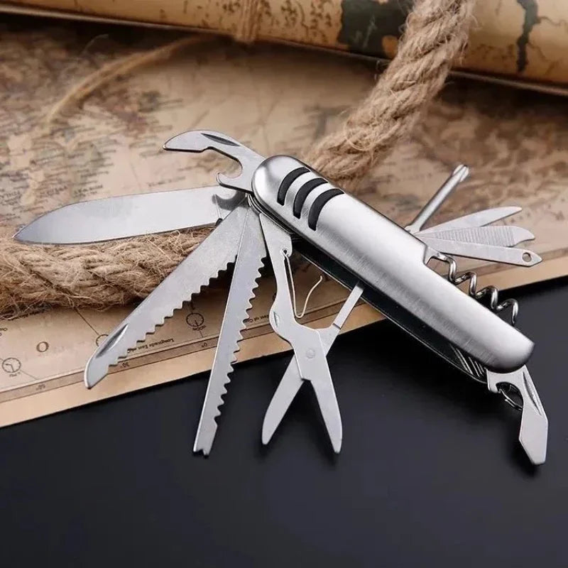 Utility Knife, 11-in-1 Pocket Knife with Screwdriver, Stainless Steel Bottle Opener, Wood Saw Scissors, Outdoor Emergency Tool