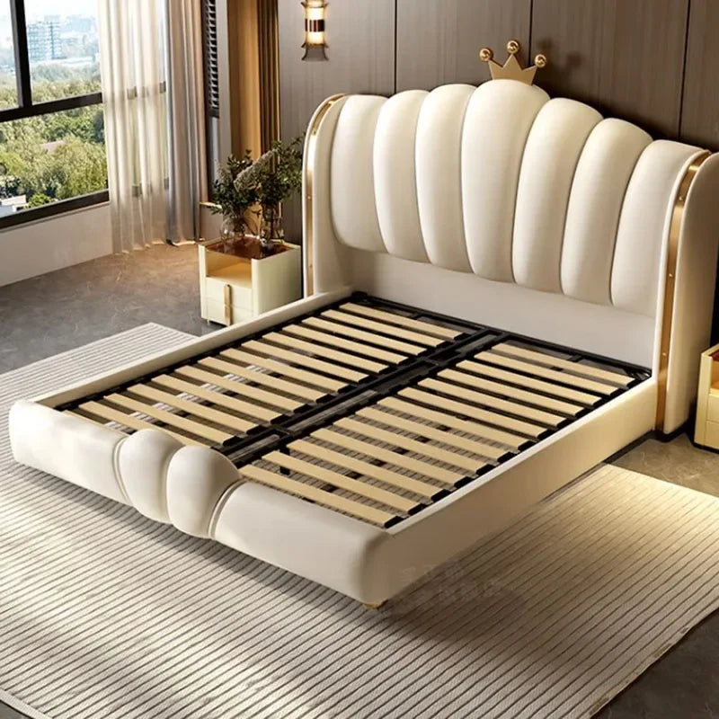 Modular Designer Aesthetic Bed Frame King Size Queen Double Bed Frame White Faux Leather Camas Matrimonial Bedroom Furniture
