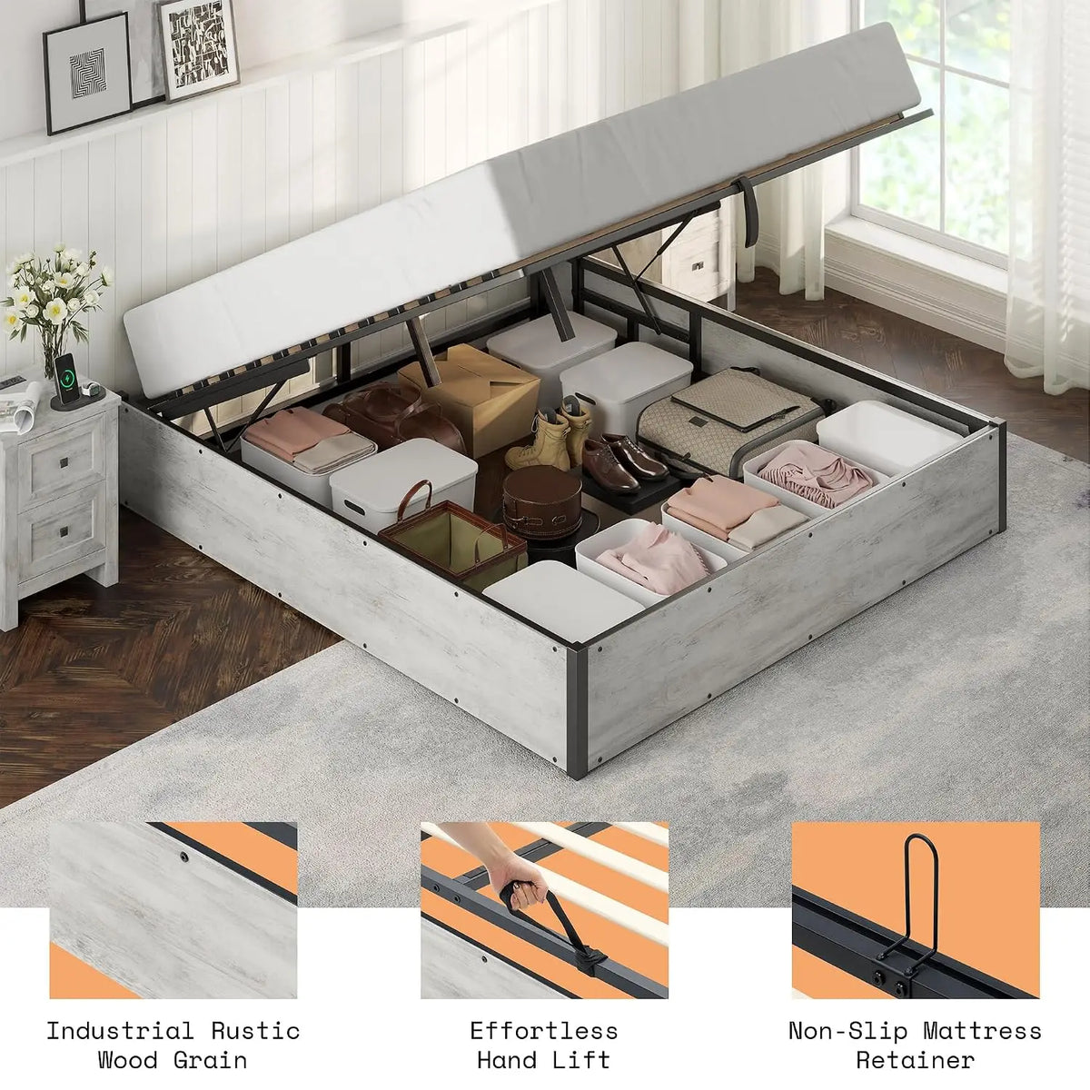 Full Size Lift Up Storage Bed Frame, White Oak, No Box Spring, Space Saving Hidden Storage, No Headboard, Modern Farmhouse, Easy
