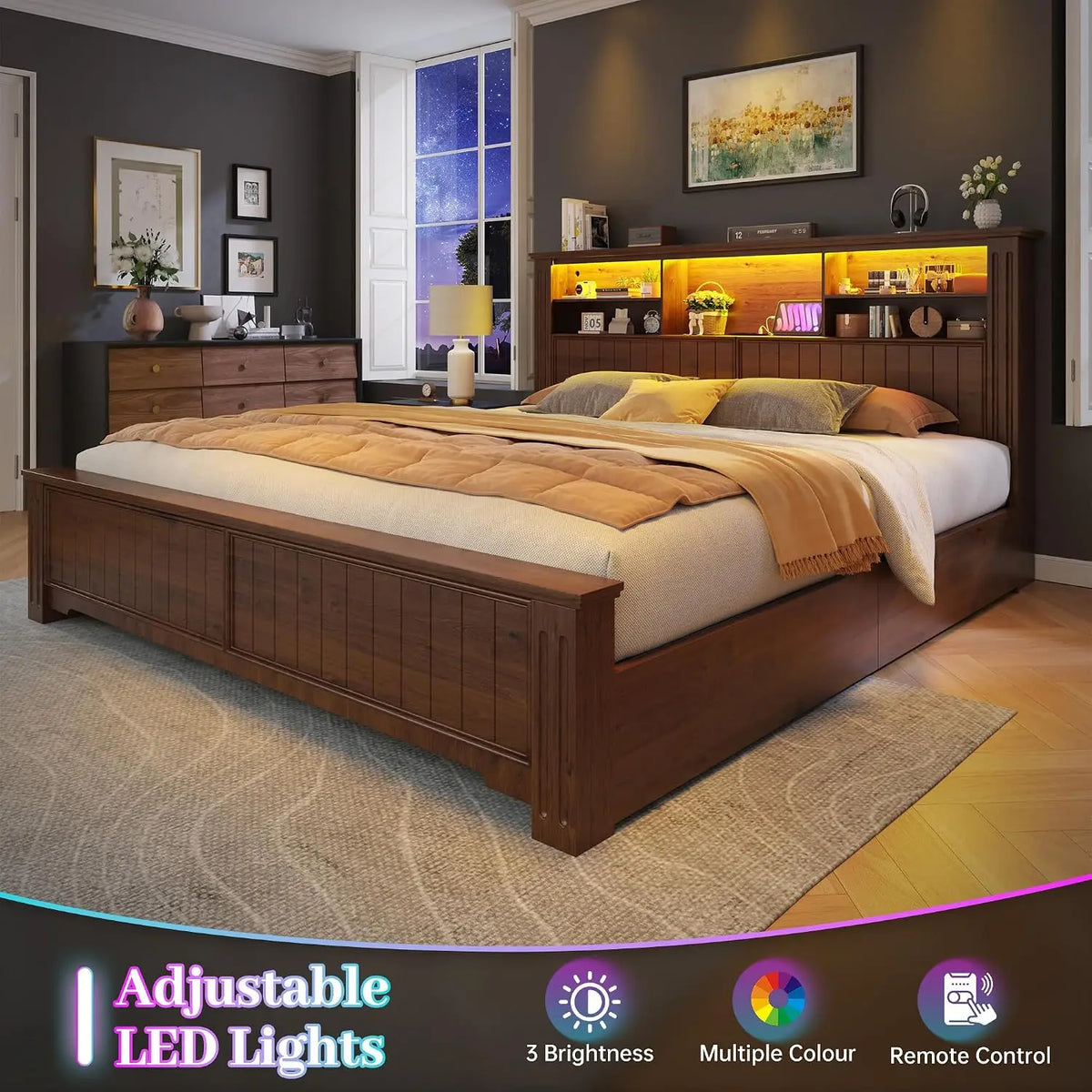 Queen Bed Frame with 4 Storage Drawers and Headboard Shelf,Brown | LED Lights,Built in Charging Station,Noise-Free,No Box Spring