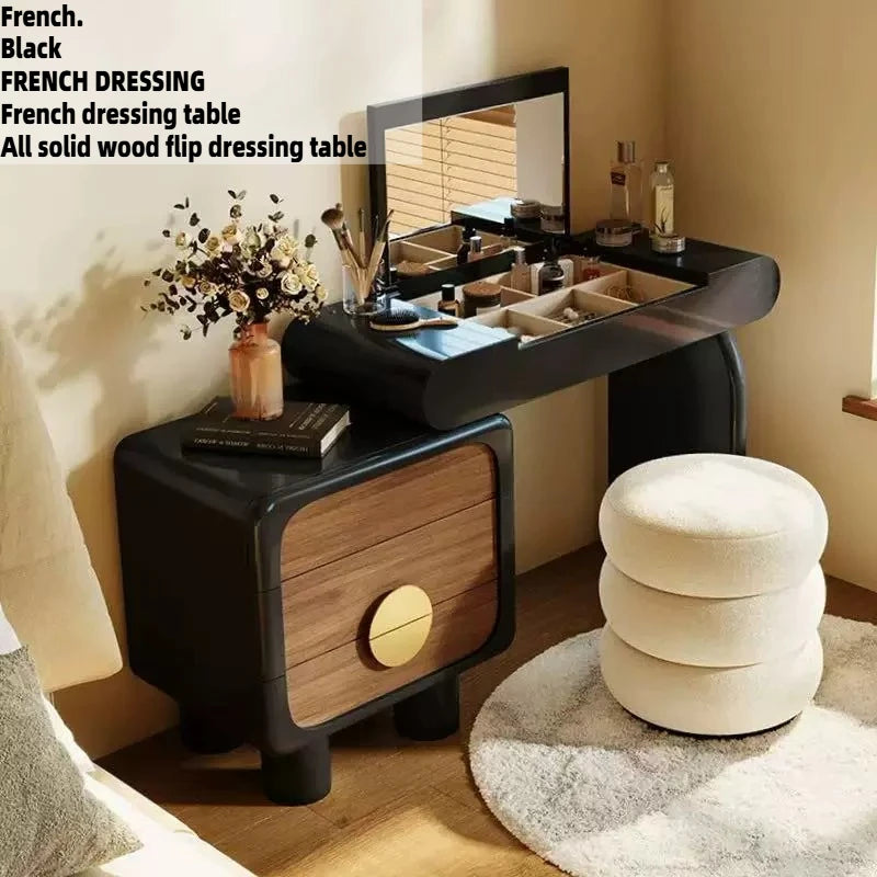 Black Flip Makeup Dressing Table With Light Mirror Stool Headdresses Vanity Desk Dresser Wooden Hairstyle Hotel Furniture