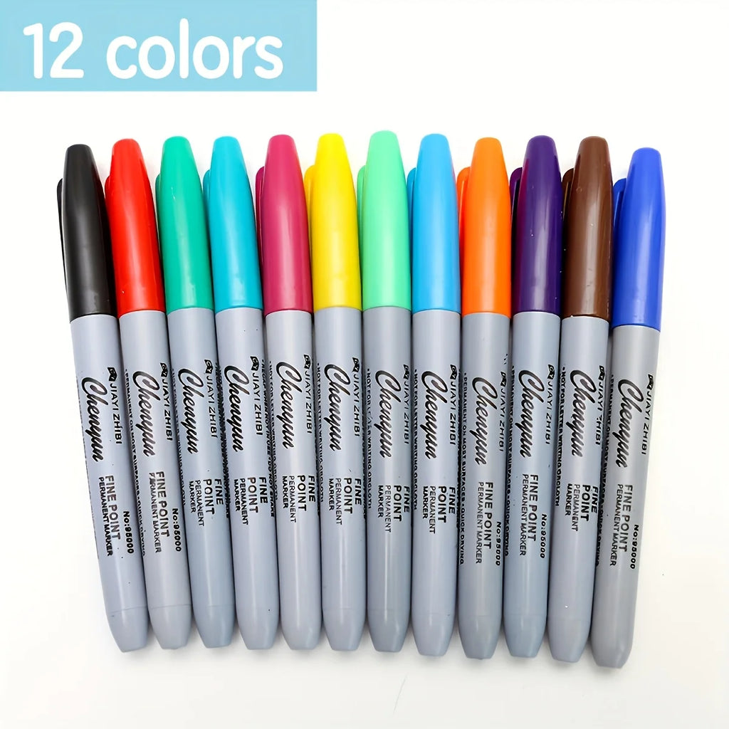 12 permanent markers, with a slender tip design, are durable and long-lasting, suitable for various surfaces
