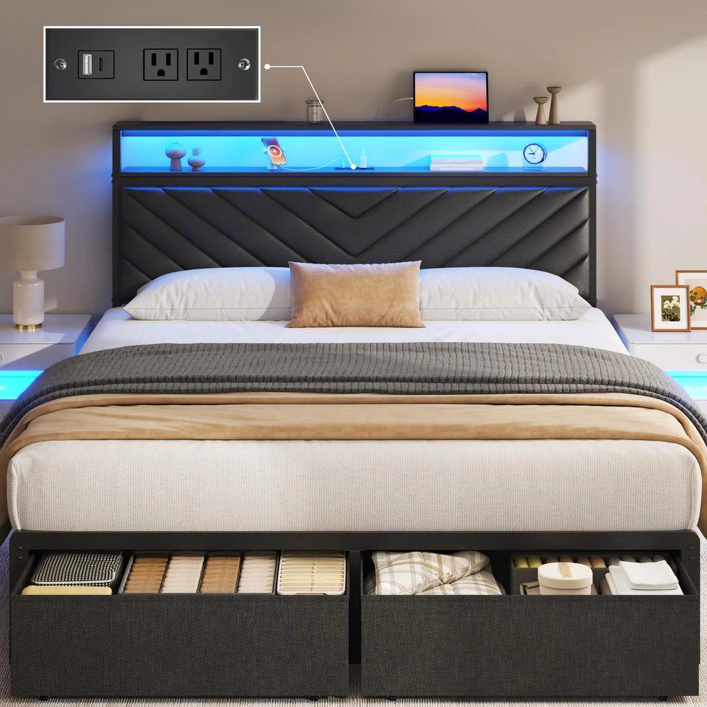 Queen Bed Frame with 2 Drawers, Upholstered Headboard with Storage and Charging Station, LED Lights, Fabric Drawers