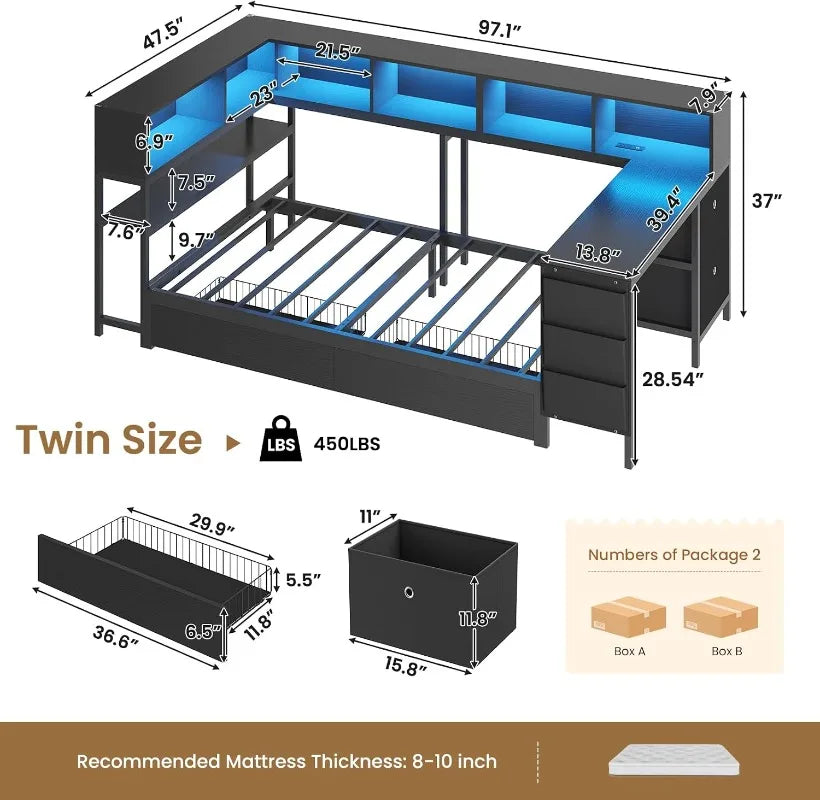 DICTAC Corner Twin Bed Frame with Desk,Charging Station and Bookcase Storage Daybed for Kids/Teen with Storage Drawers