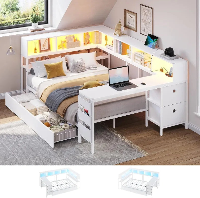 DICTAC Corner Twin Bed Frame with Desk,Charging Station and Bookcase Storage Daybed for Kids/Teen with Storage Drawers