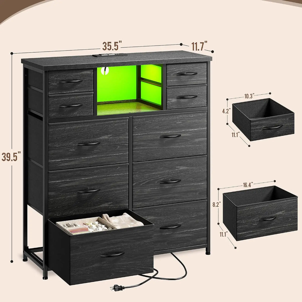 Black Dresser for Bedroom with 10 Drawers, LED & Charging Station, Customized