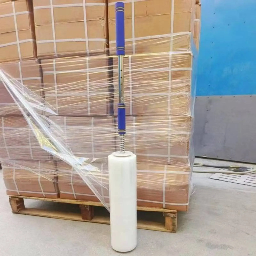 Long Handle Stretch Wrap Dispenser Ergonomic Design Handheld Pallet Wrapping Tool Telescopic Film Applicator Sturdy Duty