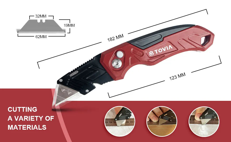 T TOVIA Folding Utility Knife with Blade Storage - Quick-Change Retractable Box Cutter, 3 Extra Blades in Handle, Aluminum Body.