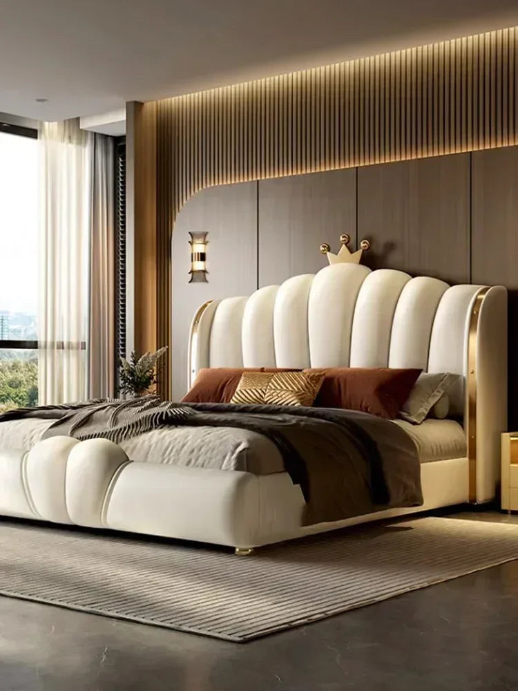 Modular Designer Aesthetic Bed Frame King Size Queen Double Bed Frame White Faux Leather Camas Matrimonial Bedroom Furniture