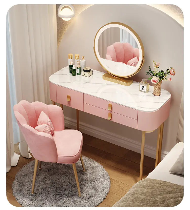 Led Light Mirror Dressing Table Desk Drawers French Wood Vintage Elegant Makeup Vanity Luxury Modern Storage Pink Furniture