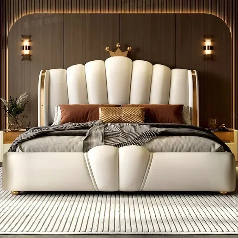 Modular Designer Aesthetic Bed Frame King Size Queen Double Bed Frame White Faux Leather Camas Matrimonial Bedroom Furniture