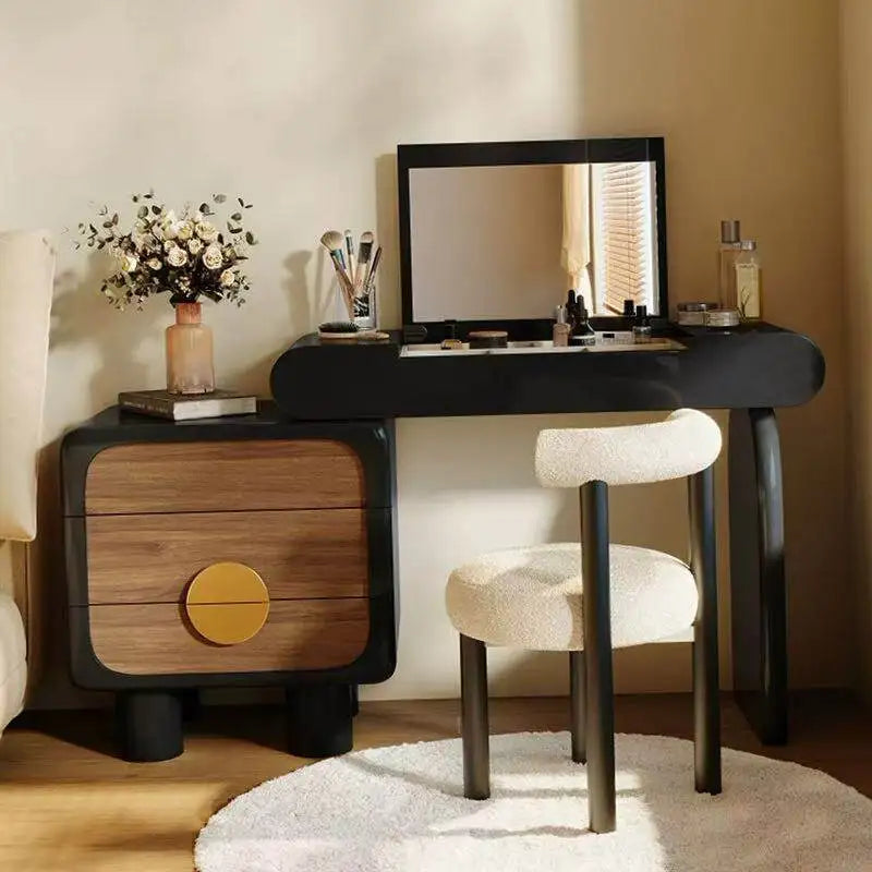Black Flip Makeup Dressing Table With Light Mirror Stool Headdresses Vanity Desk Dresser Wooden Hairstyle Hotel Furniture