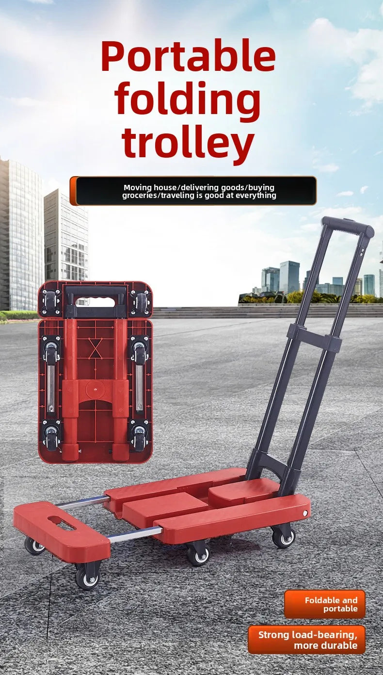 Portable Folding Hand Truck 100kg Load Capacity Home Cargo Flatbed Cart Mute/Regular Wheel Optional Luggage Trailer Drawbar Cart
