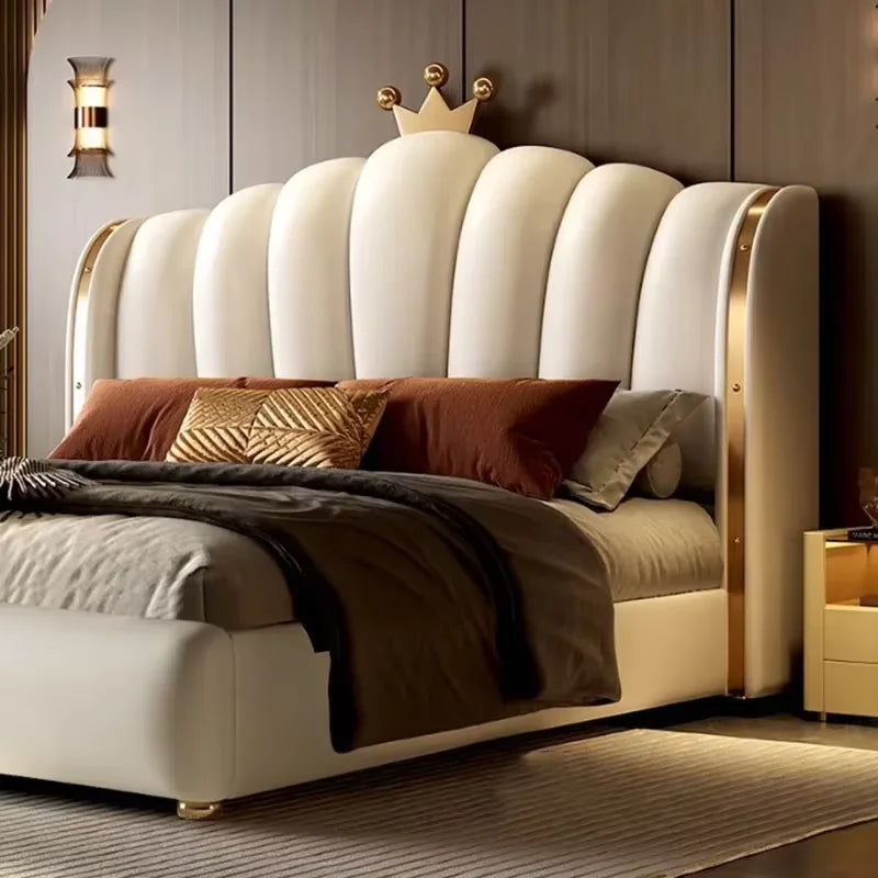 Modular Designer Aesthetic Bed Frame King Size Queen Double Bed Frame White Faux Leather Camas Matrimonial Bedroom Furniture