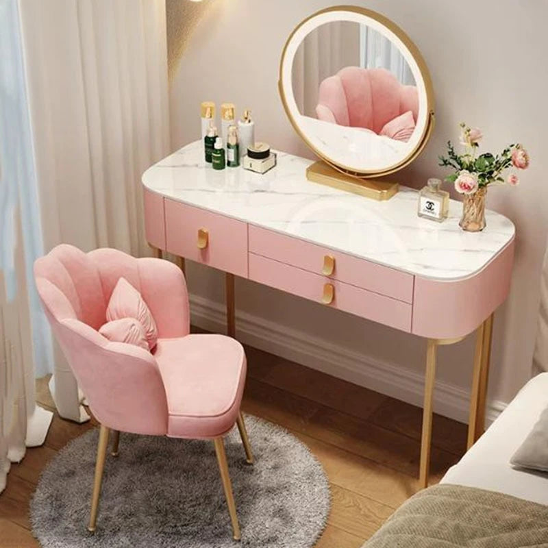 Led Light Mirror Dressing Table Desk Drawers French Wood Vintage Elegant Makeup Vanity Luxury Modern Storage Pink Furniture