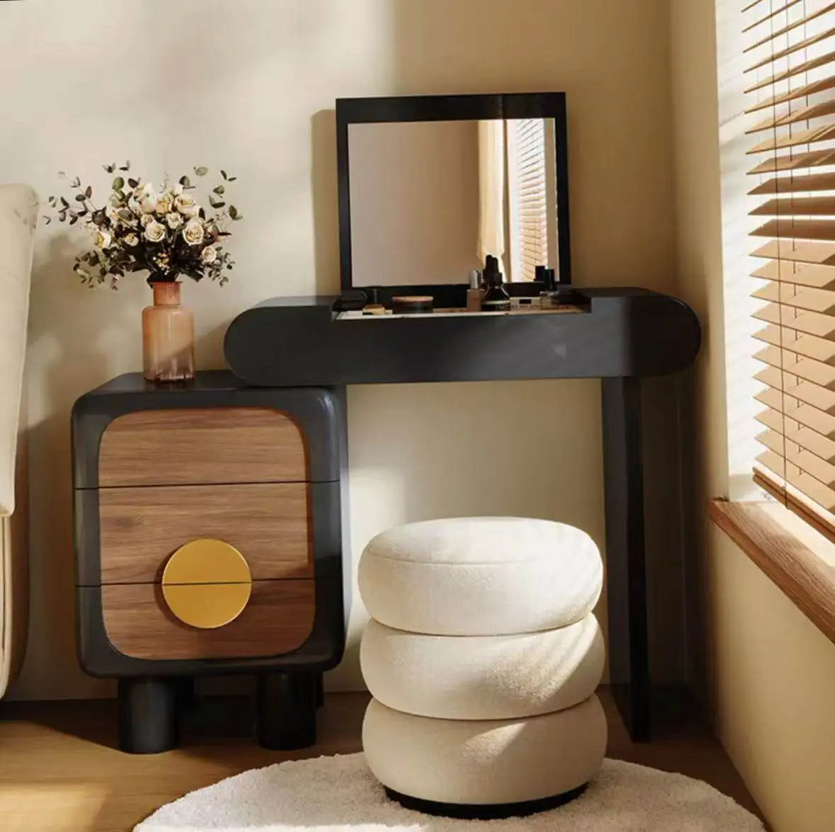 Black Flip Makeup Dressing Table With Light Mirror Stool Headdresses Vanity Desk Dresser Wooden Hairstyle Hotel Furniture