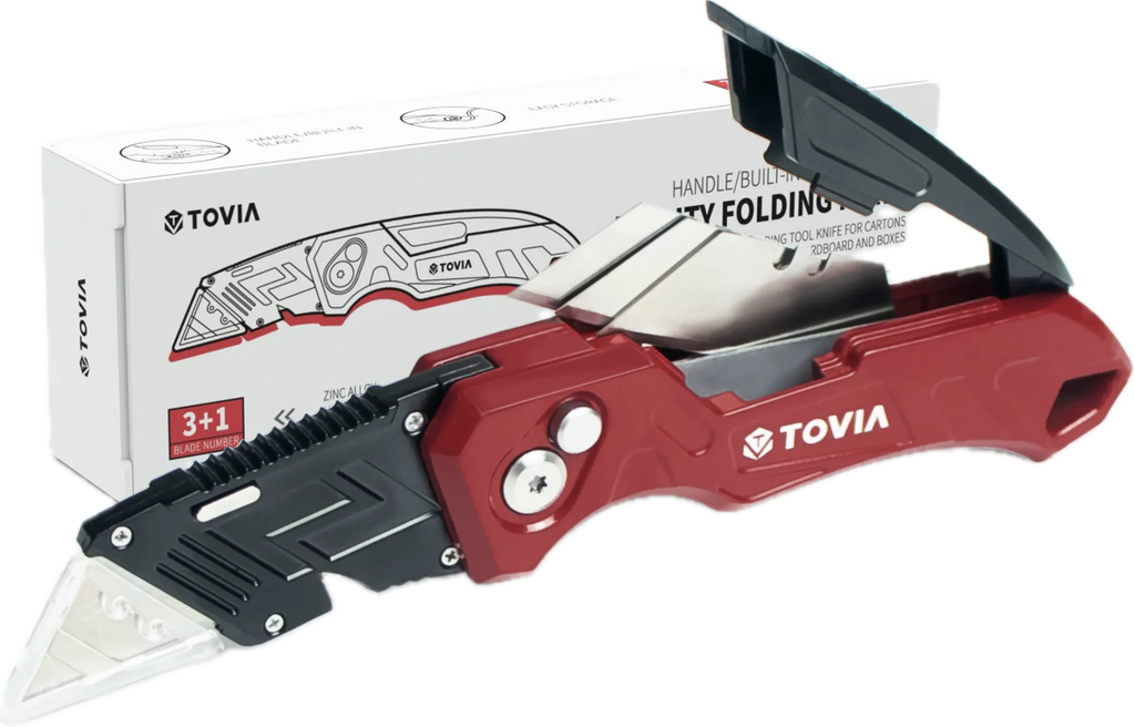 T TOVIA Folding Utility Knife with Blade Storage - Quick-Change Retractable Box Cutter, 3 Extra Blades in Handle, Aluminum Body.