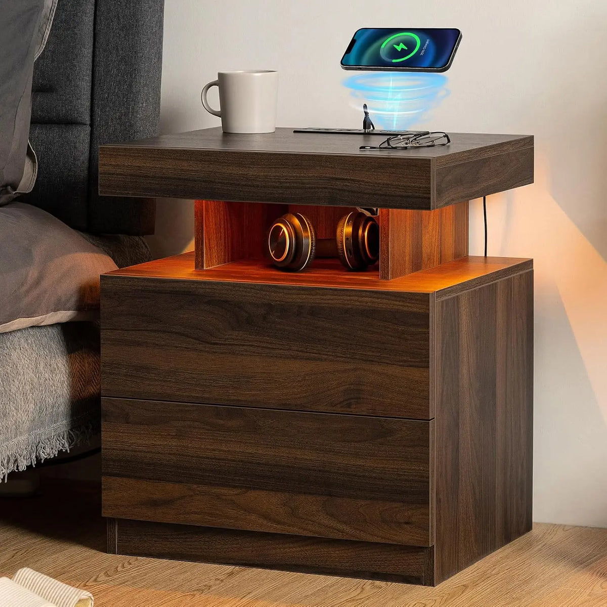 Nightstand LED Light & Charging Station USB Wireless Charging Modern 2 Drawer High Gloss Bedside Table Bedroom, Customized
