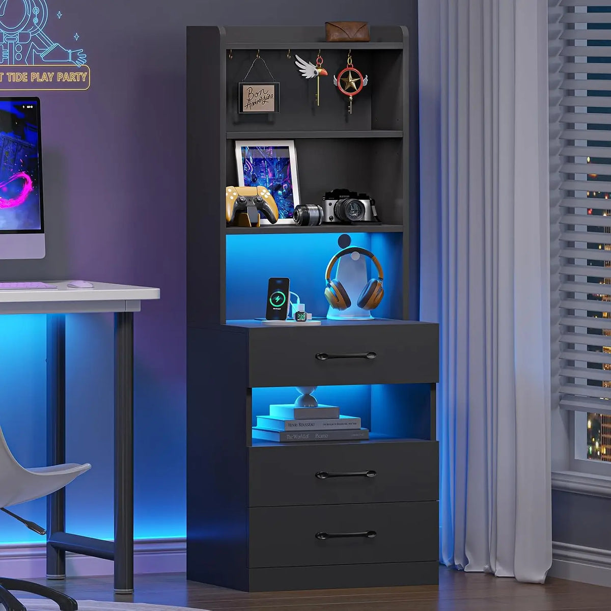 Tall Nightstand with Charging Station & LED, Black Bedside Table with Bookshelf & 3 Drawers, End Table for Bedroom, Customized
