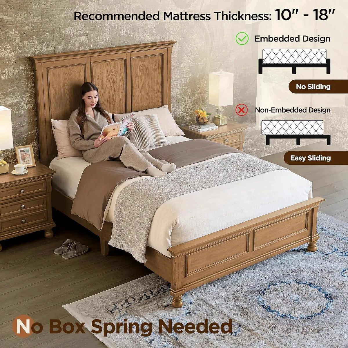 Solid Wood Queen Platform Bed Frame Traditional Style No Box Spring Needed, Customized
