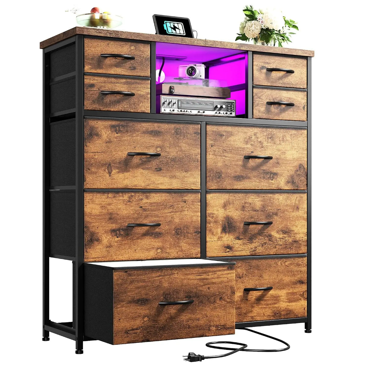 Black Dresser for Bedroom with 10 Drawers, LED & Charging Station, Customized