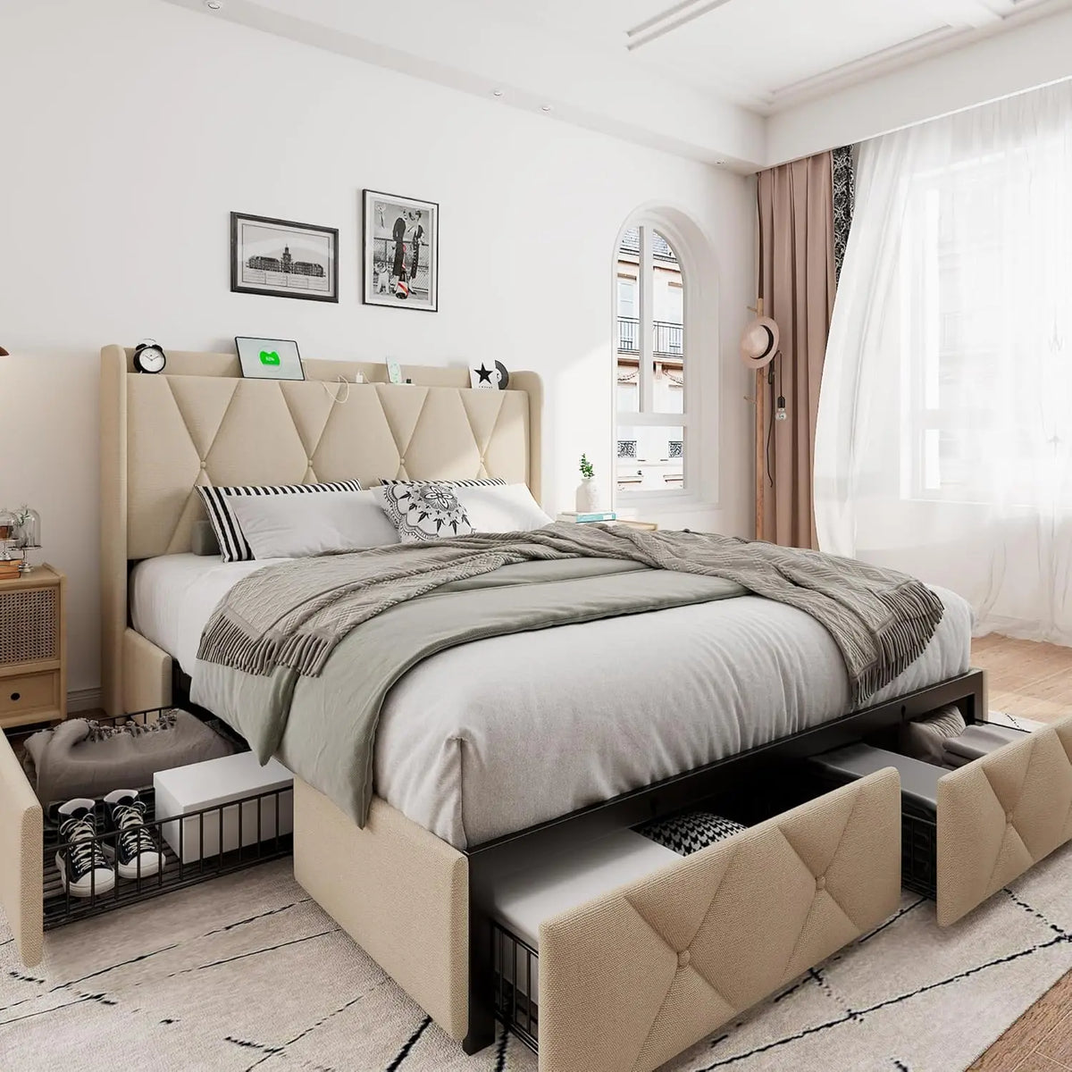 Queen Bed Frame with 4 Storage Drawers, Upholstered Platform Bed Frame with Charging Station, Modern Wingback Storage, Custom