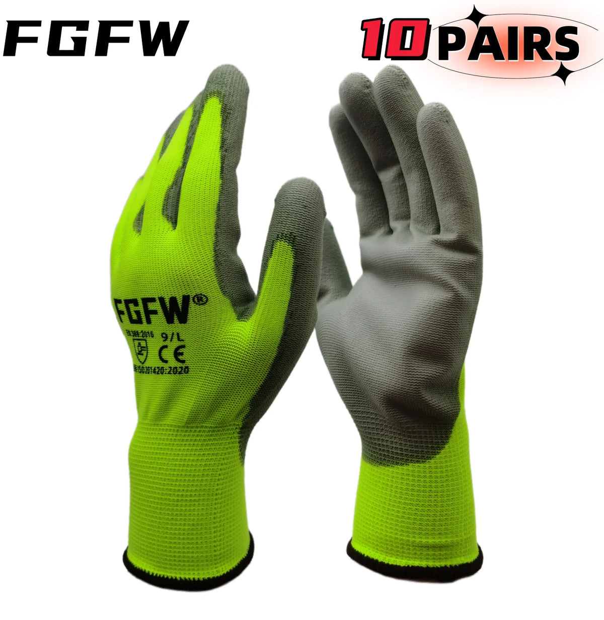 10 Pairs PU Coated Work Gloves - Lightweight, Durable Safety Gloves EN 388/ISO20471 Certified, Sizes S/M/L/XL