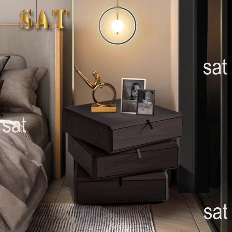 #Italian Style Minimalist Solid Wood Swivel Nightstand with Glass Top Chest Drawers Modern Light Luxury Home Bedroom Furniture