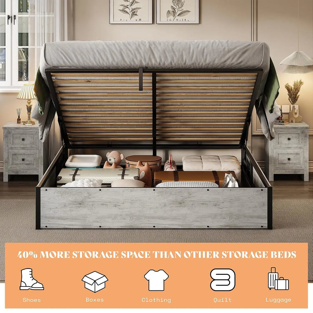 Full Size Lift Up Storage Bed Frame, White Oak, No Box Spring, Space Saving Hidden Storage, No Headboard, Modern Farmhouse, Easy