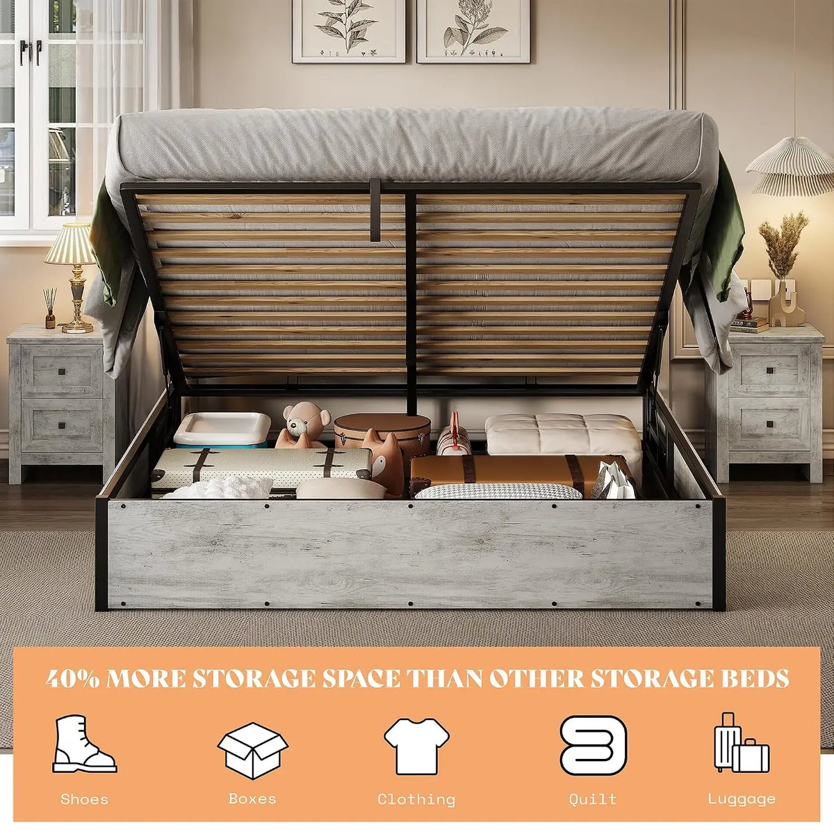 Full Size Lift Up Storage Bed Frame, White Oak, No Box Spring, Space Saving Hidden Storage, No Headboard, Modern Farmhouse, Easy