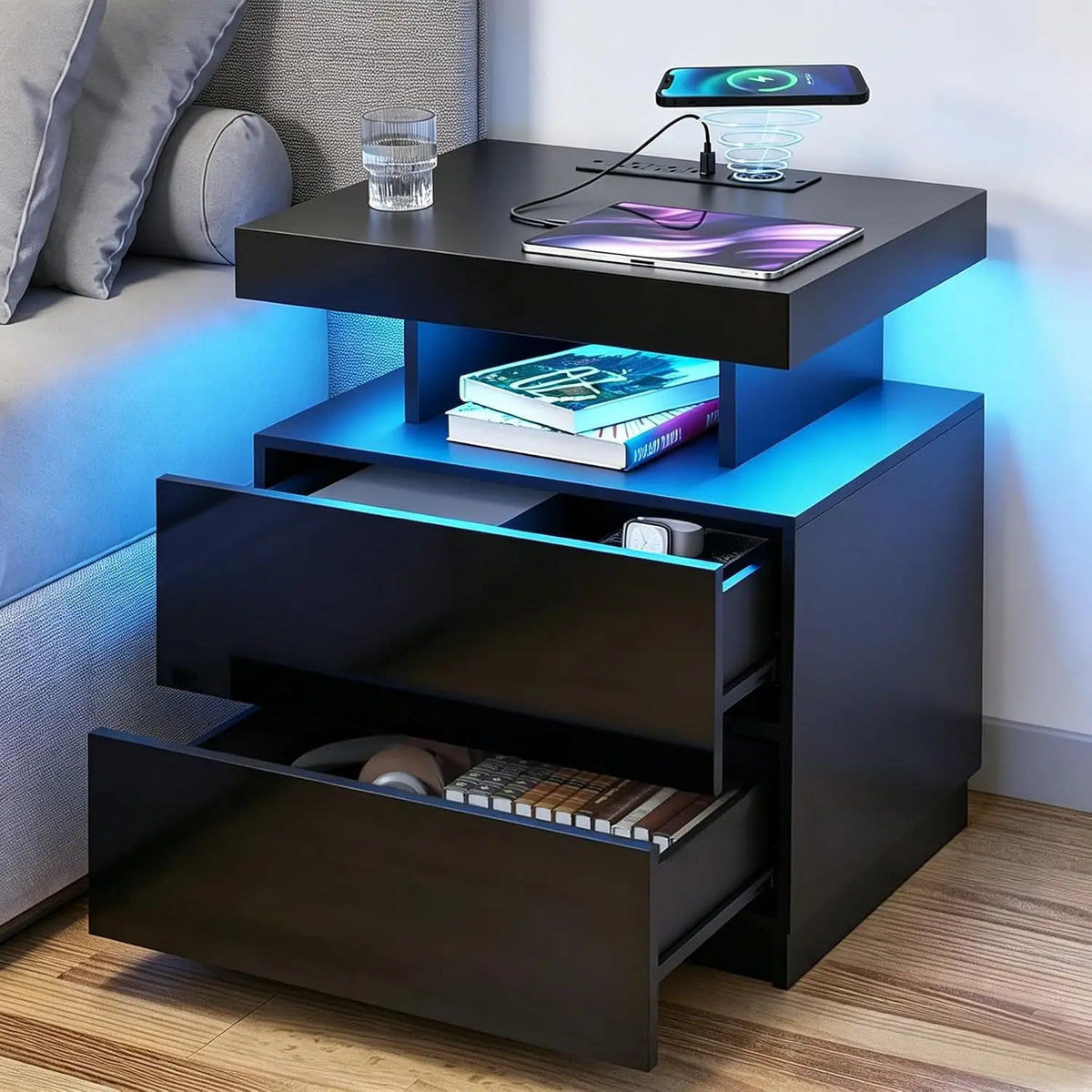 Nightstand LED Light & Charging Station USB Wireless Charging Modern 2 Drawer High Gloss Bedside Table Bedroom, Customized