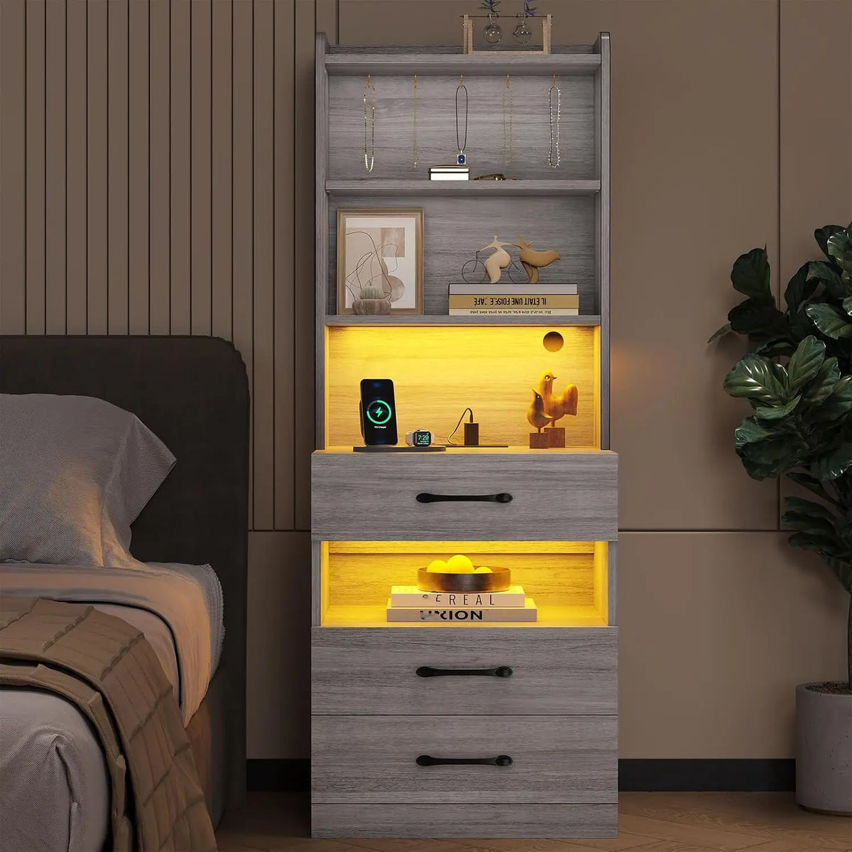 Tall Nightstand with Charging Station & LED, Black Bedside Table with Bookshelf & 3 Drawers, End Table for Bedroom, Customized