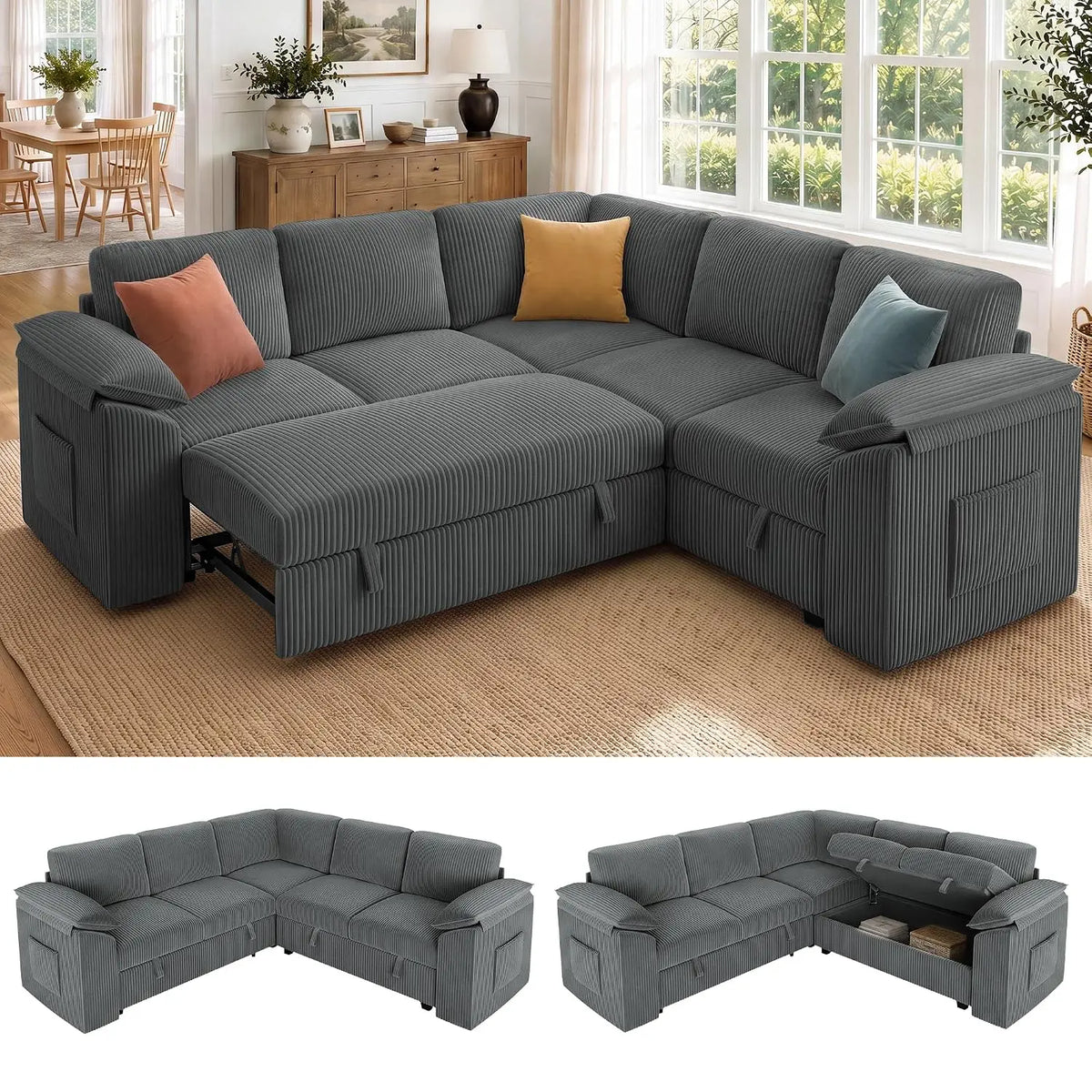 85" Modular Sectional Sleeper Sofa with Pull Out Bed, Black, Customized
