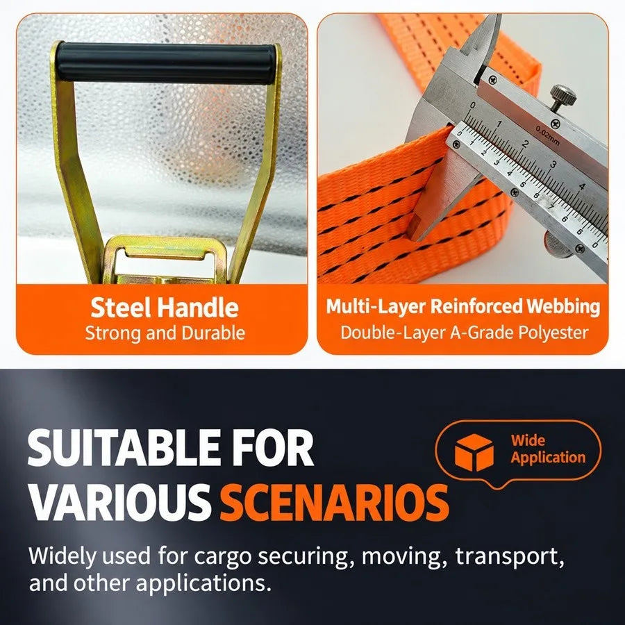 Heavy-Duty Car & Truck Front Cargo Ratchet Strap with Metal Buckle - Adjustable, Secure Tie-Down for Safe Luggage Transport