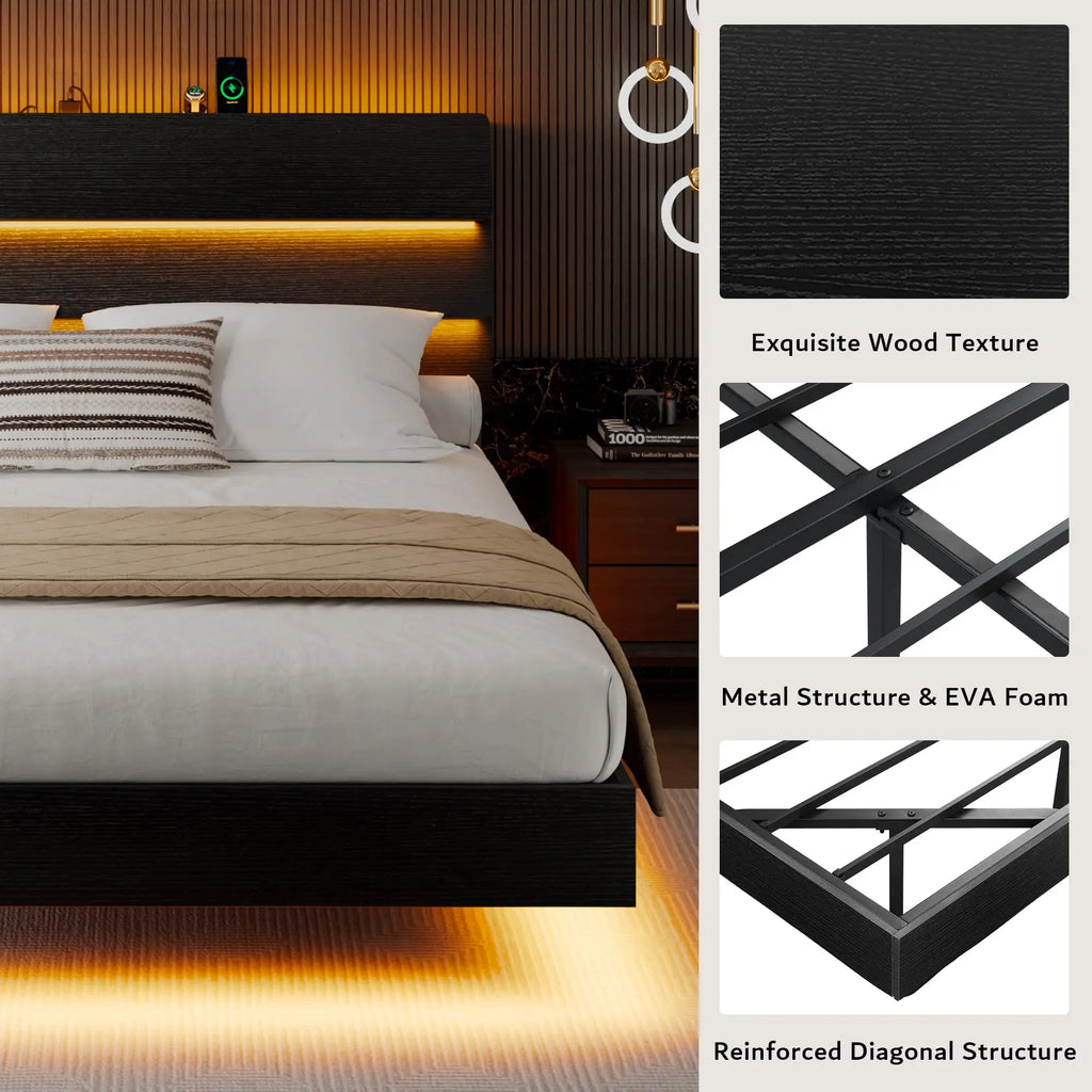 Queen Floating Bed Frame with LED Lights & Charging Station, Platform Bed with Wooden Storage Headboard, Steel Slats
