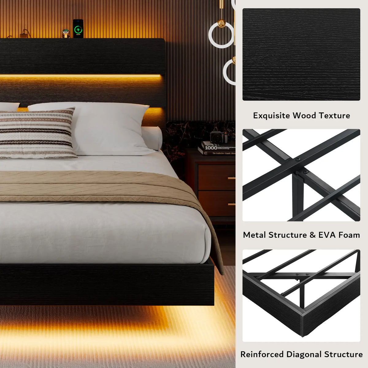 Queen Floating Bed Frame with LED Lights & Charging Station, Platform Bed with Wooden Storage Headboard, Steel Slats