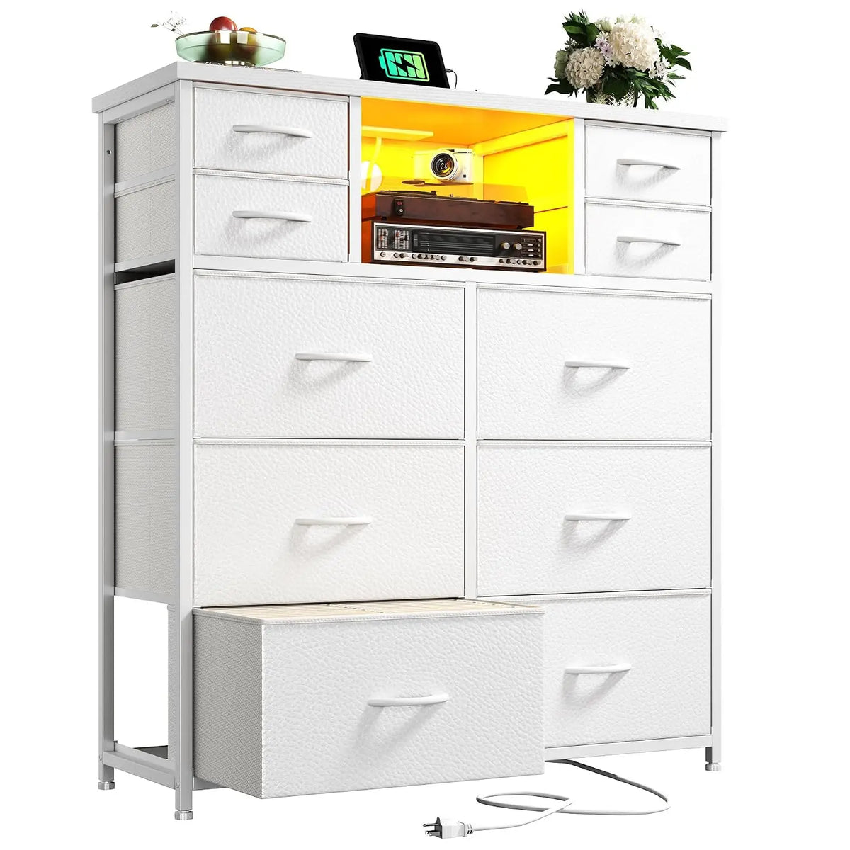 Black Dresser for Bedroom with 10 Drawers, LED & Charging Station, Customized