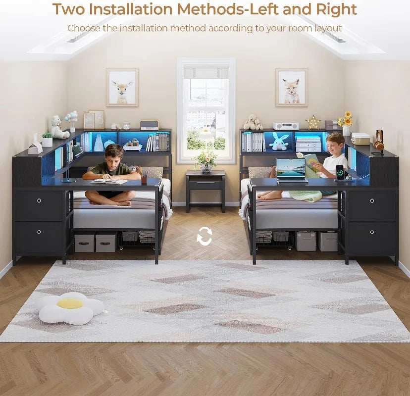 DICTAC Corner Twin Bed Frame with Desk,Charging Station and Bookcase Storage Daybed for Kids/Teen with Storage Drawers
