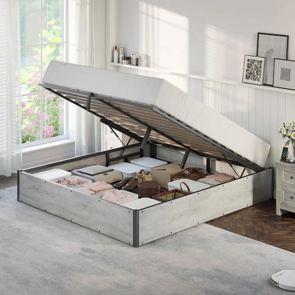 Full Size Lift Up Storage Bed Frame, White Oak, No Box Spring, Space Saving Hidden Storage, No Headboard, Modern Farmhouse, Easy