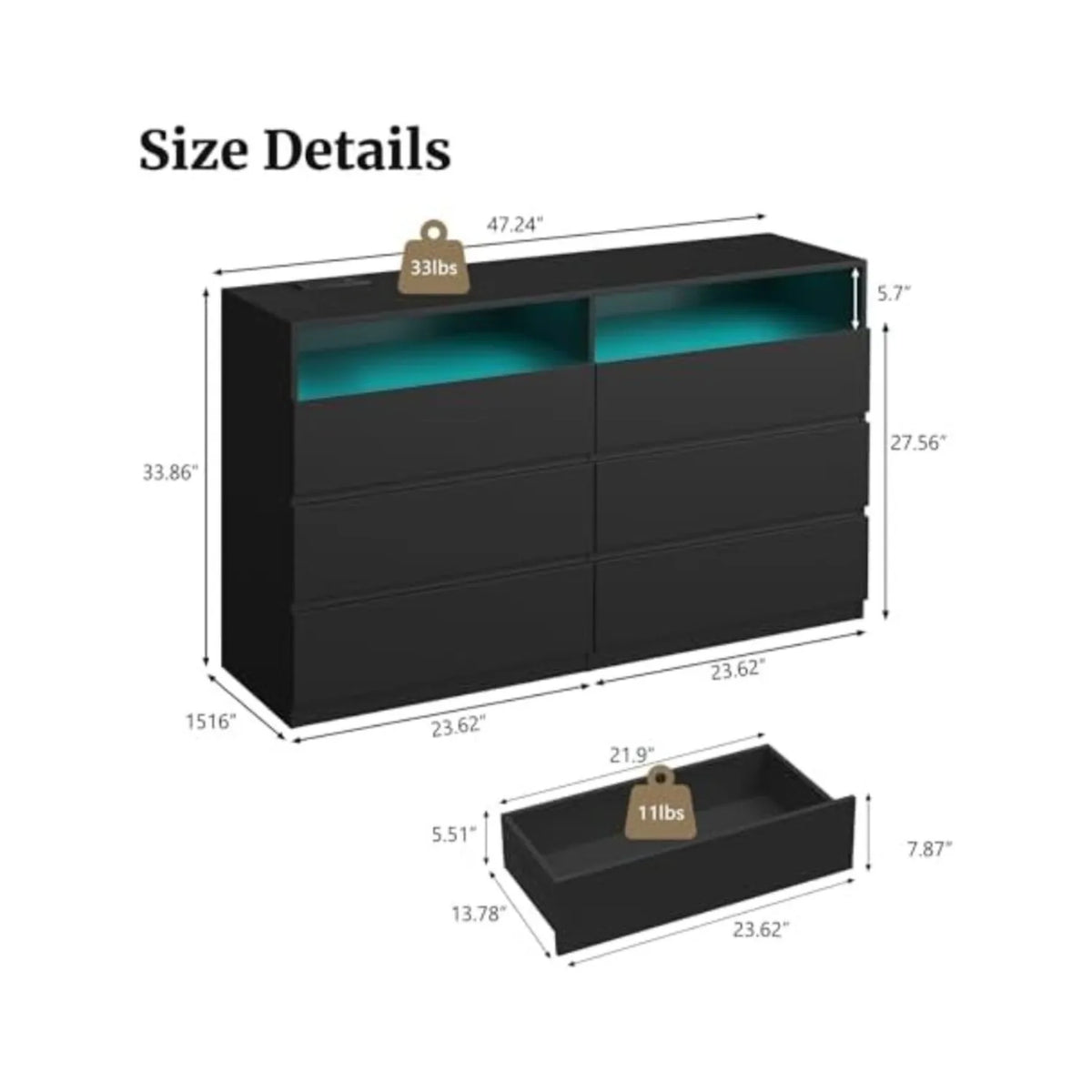 Black Dresser 6 Drawer Dresser for Bedroom with LED Lights, Power Outlet, Modern Wood Chest of Drawers for Closet