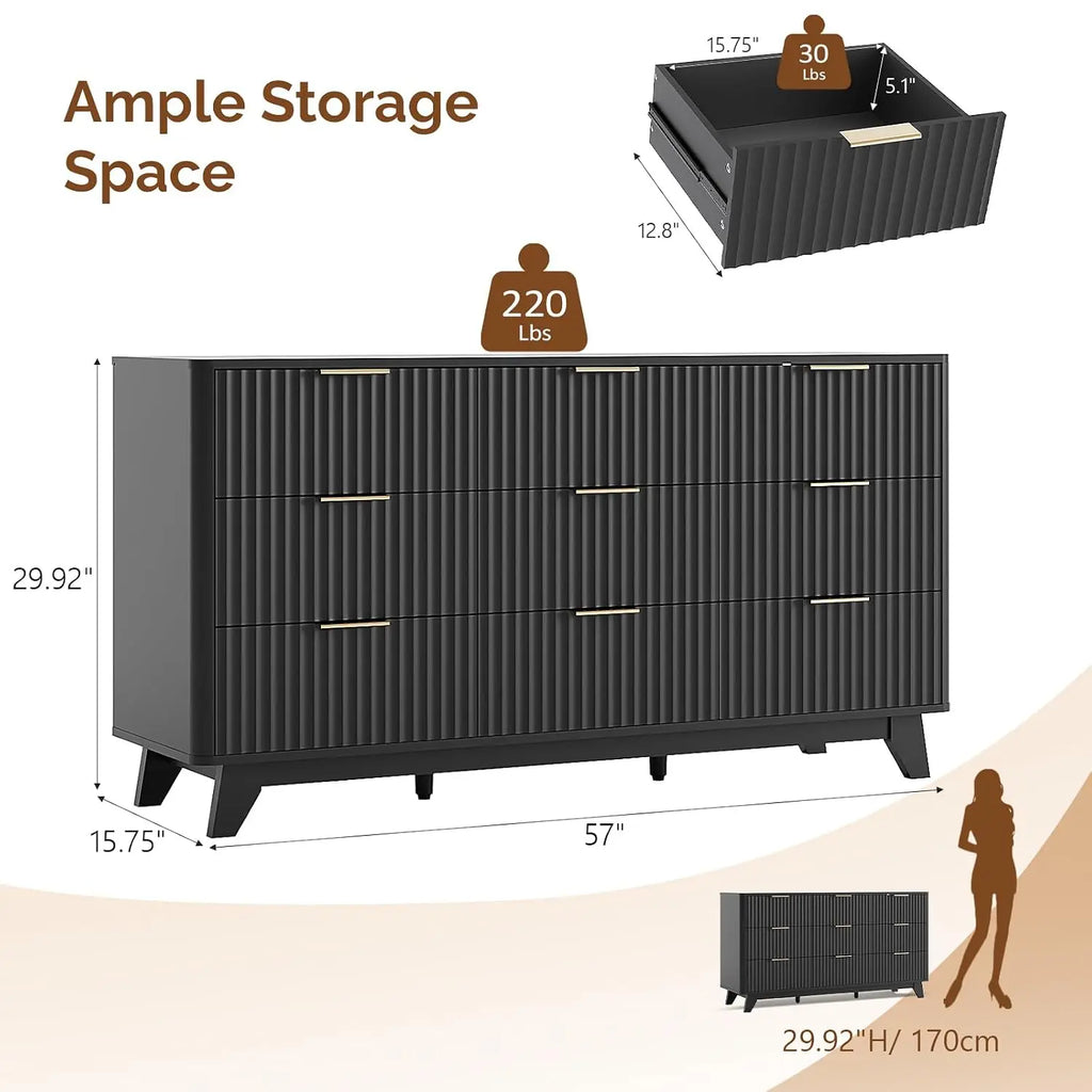 Fluted 57" Wide Modern Dresser With Metal Handle & Curved Profile, Wood Drawer Organizer For Bedroom, Black, Customized