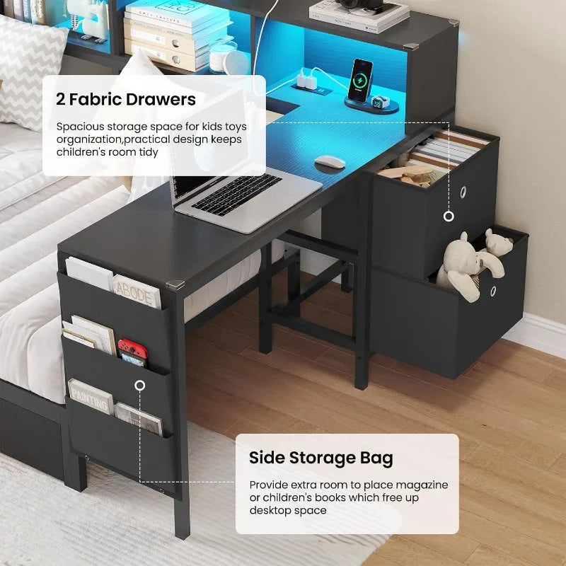 DICTAC Corner Twin Bed Frame with Desk,Charging Station and Bookcase Storage Daybed for Kids/Teen with Storage Drawers